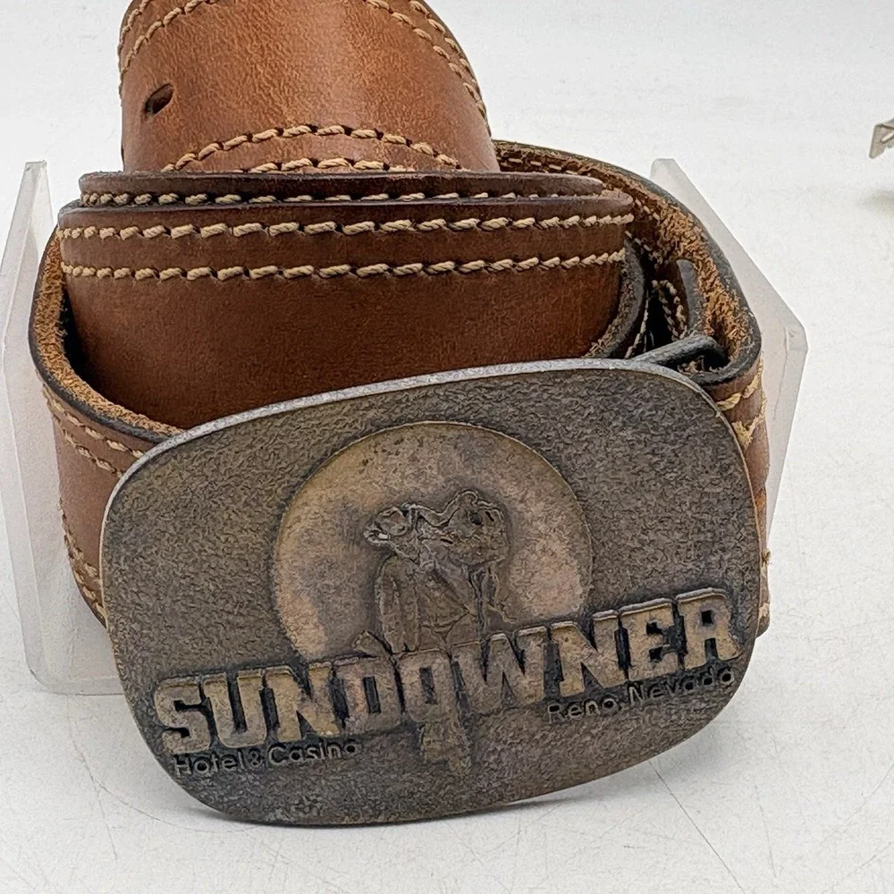 VTG Sears Leather Belt Brown Sz 42 Sundowner Reno Nevada Casino Brass Buckle USA